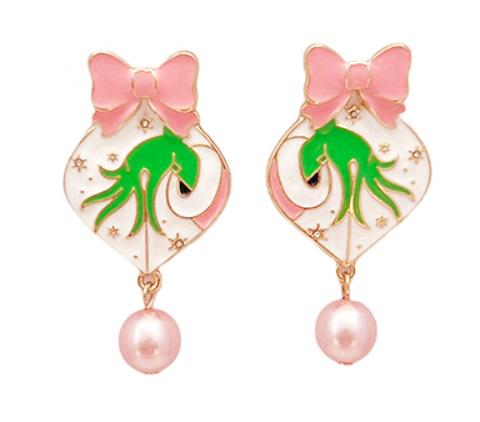 Clipon Grinch Bulb Christmas Tree Earrings Winter Pearl Bow Clip on Post Designs