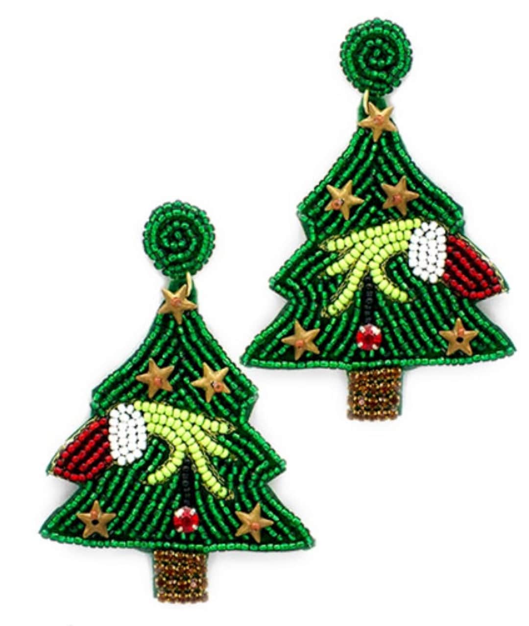 Clipon Seedbead Grinch Christmas Tree Earrings Winter Seed Etsy