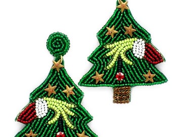 Clipon SeedBead Grinch Christmas Tree Earrings Winter Seed Beaded Clip on Post Designs