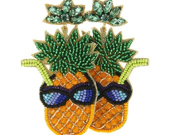 Pineapple Cocktail Drink Seedbead Clipon Earrings Tropical Seed Beaded Design Clip Post