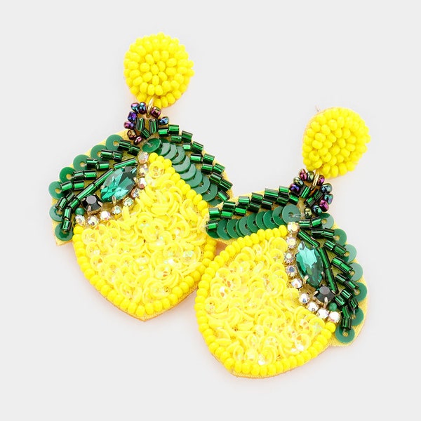 Lemon Beaded Jeweled Gold Clip On Earrings Lightweight Clipon Post Design