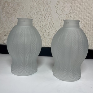 May include: Two matching frosted glass lamp shades featuring a raised, textured leaf or feather pattern. Each shade has a bulbous, rounded body that tapers toward a circular opening at the top and flares slightly at the scalloped bottom edge.