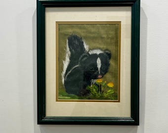 Whimsical Woodland Floral Skunk Artwork, Original Unsigned Textured Wildlife Drawing, Rustic Cottagecore Decorative Framed Animal Wall Decor