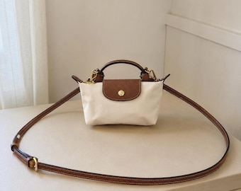 Longchamp Style Mini Cream Nylon Crossbody Bag, Brown Leather Trim Handbag, Adjustable Shoulder Strap, Small Top Handle Purse