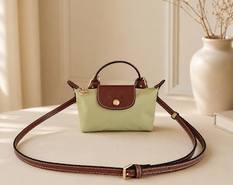 Longchamp Style Sage Green Nylon Mini Crossbody Bag, Brown Leather Trim Top Handle Purse, Adjustable Shoulder Strap, Gift for Her