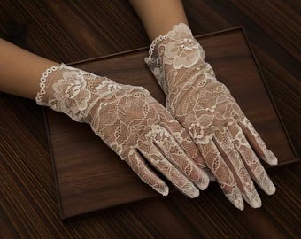 Guantes de novia de encaje vintage, guantes de novia cortos florales, elegantes accesorios de novia