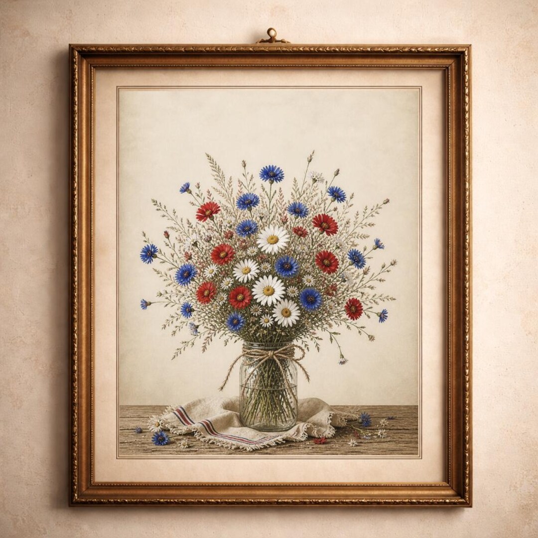 Vintage Wildflower Bouquet Wall Art Printable, Rustic Floral Vase Print ...