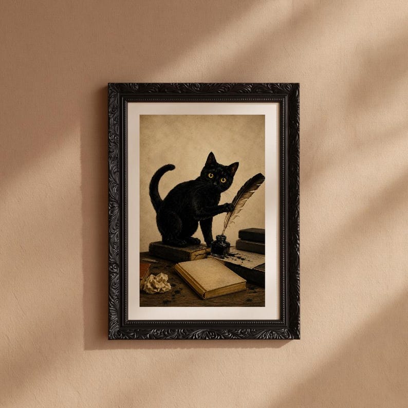 Vintage Black Cat Wall Art Printable, Dark Academia Cat Print, Moody ...