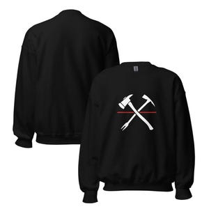 May include: Black sweatshirt with a white graphic of crossed axes and a red line. The design includes a hammer, a pickaxe, and a red line. The sweatshirt is shown from the front and back.