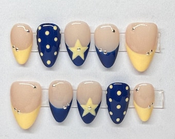 Polka Dot Yellow & Blue Star Press-On Nails with Silver Gems/Short Almond/Handmade/Custom