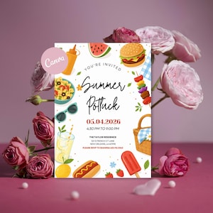 Bewerkbare sjabloon voor een uitnodiging voor een zomerse picknick met potluck-thema of barbecuefeest (Canva digitale download).