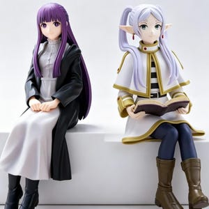 May include: Two anime-style figurines sitting side-by-side. The left figure has long purple hair, a white dress, and a black coat with black boots. The right figure has long white hair, pointed ears, a white and gold outfit, and brown boots, holding an open book.