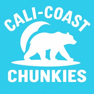 May include: A bright cyan square graphic featuring a white silhouette of a bear walking on a flat oval shape, positioned beneath a white crescent moon. The text CALI-COAST is arched above the bear, and the word CHUNKIES is printed below in white.