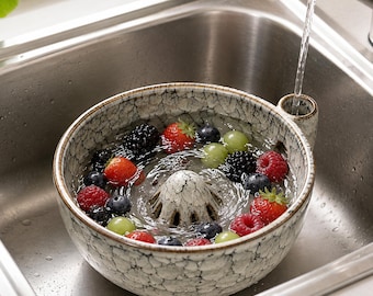 Ceramic Berry Washing Bowl with Side Water Inlet, Vortex Fruit Rinse & Drain Bowl, Wedding or Anniversary Gift for Couples