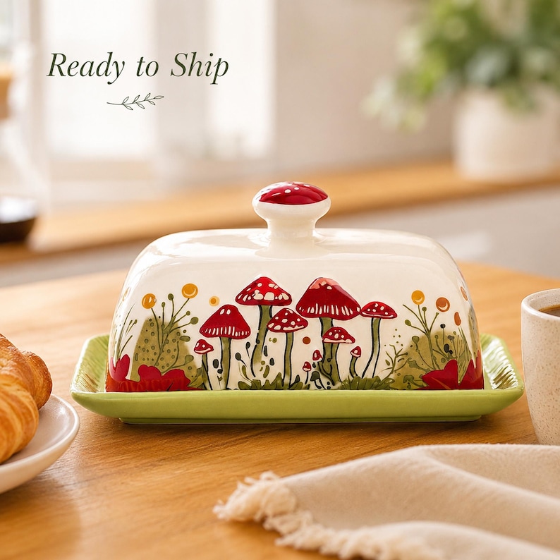 May include: A ceramic butter dish with a rectangular light green base and a white lid featuring a red mushroom pattern and a matching mushroom-shaped knob. The text Ready to Ship is printed in the upper left corner above a small leaf graphic.