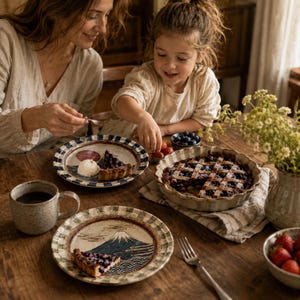 Japanese Ceramic Plate, 9 Inch Hand-Painted Style Dinnerware with Mount Fuji, Cherry Blossom or Bamboo, Housewarming Gift