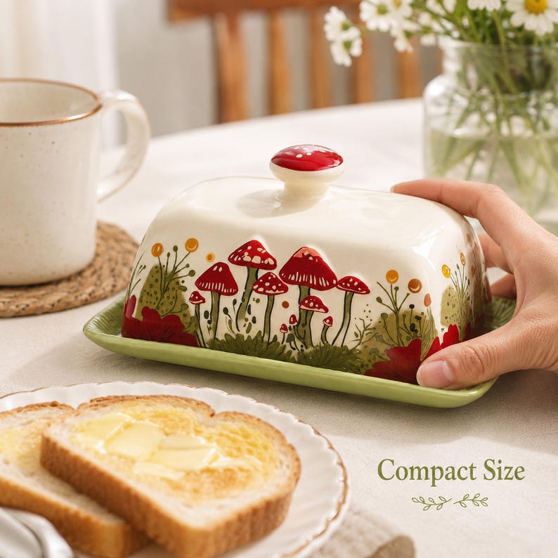 May include: A rectangular ceramic butter dish with a cream-colored lid featuring a red mushroom and green foliage pattern. The lid has a small red knob handle and sits on a light green rectangular base. The text Compact Size is visible.