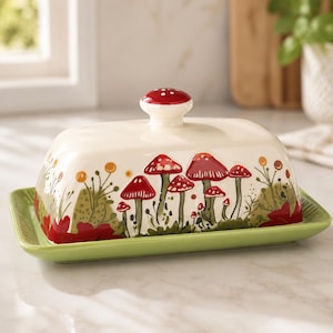 May include: A rectangular ceramic butter dish with a cream-colored lid featuring a red mushroom-shaped knob and a painted pattern of red mushrooms and green foliage. The base is a solid light green tray with a textured, ribbed edge design.