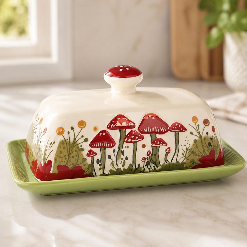 May include: A rectangular ceramic butter dish with a cream-colored lid featuring a red mushroom-shaped knob and a painted pattern of red mushrooms and green foliage. The base is a solid light green tray with a textured, ribbed edge design.