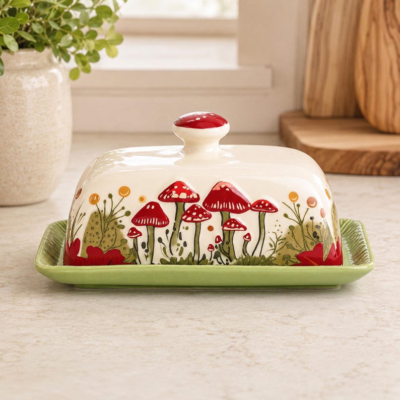 May include: A rectangular ceramic butter dish with a cream-colored lid featuring a red mushroom and green foliage pattern. The lid has a red mushroom-shaped knob on top. The base is a solid light green tray with a textured, ribbed edge design.