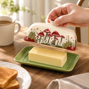 May include: A rectangular butter dish with a green base and a cream-colored lid featuring a red and green mushroom pattern. The lid is lifted to reveal a solid block of yellow butter resting on the textured green tray, which has a raised edge.