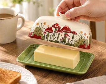Mushroom Butter Dish with Lid, Ceramic Butter Keeper, Cottagecore Kitchen Decor, Housewarming Gift for Her
