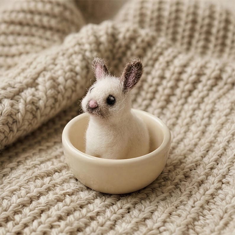May include: A tiny white rabbit with pink-lined ears and a pink nose is nestled in a small, cream-coloured ceramic bowl. The bowl is placed on a beige, chunky-knit fabric, creating a soft, cosy scene.