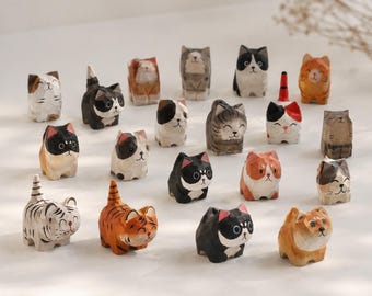 Wooden Cat Figurine Collection, Handmade Mini Cat Shelf Decor, Cute Hand Painted Cat Lover Gift, 26 Styles