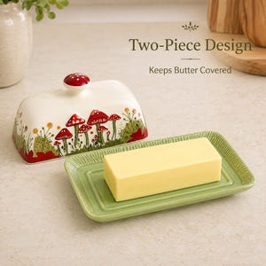 May include: A two-piece butter dish with a rectangular green base and a cream-colored lid featuring red mushroom illustrations. The lid has a small red knob on top. Text on the image reads: Two-Piece Design, Keeps Butter Covered.
