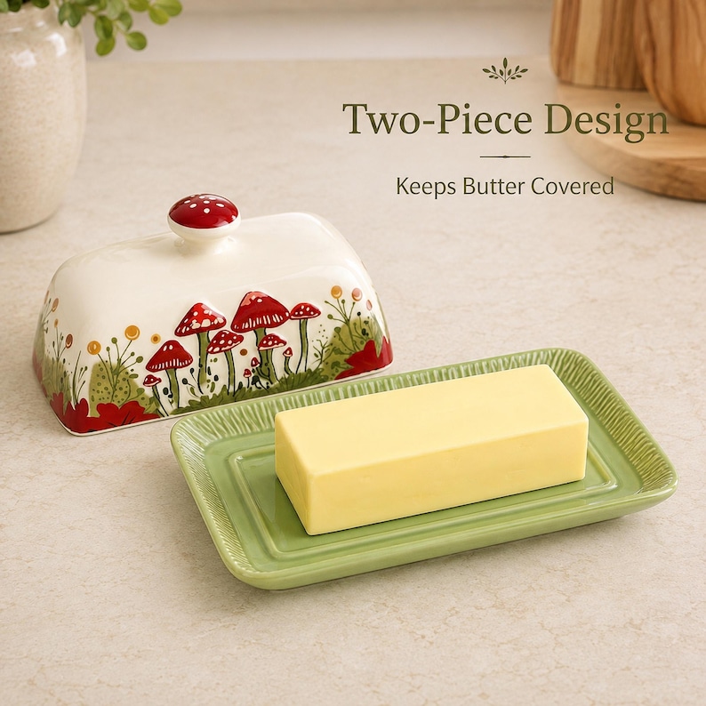 May include: A two-piece butter dish with a rectangular green base and a cream-colored lid featuring red mushroom illustrations. The lid has a small red knob on top. Text on the image reads: Two-Piece Design, Keeps Butter Covered.