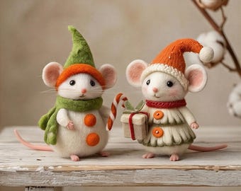 Personalized felted wool Christmas mouse figurines, felted wool holiday decorations, mini mouse gifts, holiday collectible ornaments