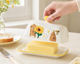 Ceramic Butter Dish with Lid Bee Garden Design Farmhouse Kitchen Gift Butter Keeper Home Decor