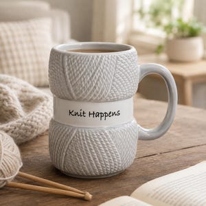 Könnte beinhalten: Ein hellgrauer Keramikbecher in Form eines Wollknäuels mit einem glatten weißen Band in der Mitte, das den schwarzen Schriftzug Knit Happens trägt. Der Becher hat eine strukturierte Oberfläche, die Strickmuster imitiert, und einen Henkel.