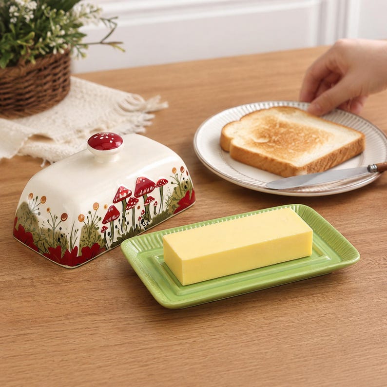 May include: A rectangular butter dish with a cream-colored lid featuring a red mushroom and green foliage pattern, topped with a red knob. The base is a light green rectangular tray holding a stick of yellow butter, set on a wooden surface.