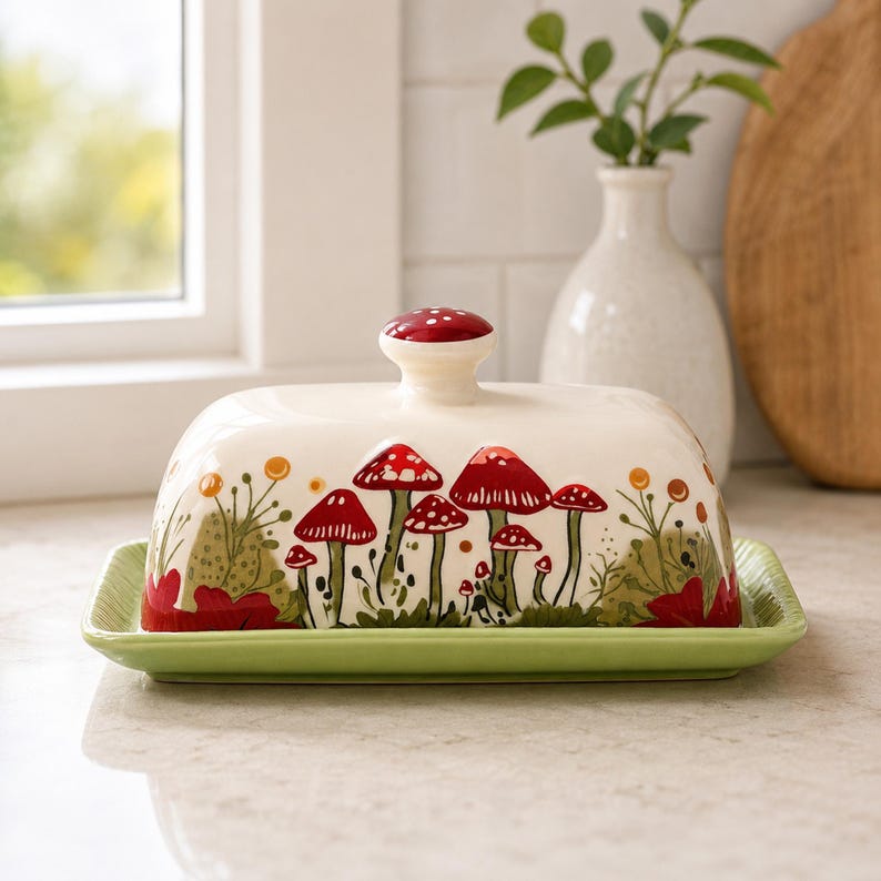 May include: A ceramic butter dish with a cream-colored lid featuring a hand-painted red mushroom and green foliage pattern. The lid has a red knob handle, and the rectangular base is a solid light green color with a textured, ribbed edge design.