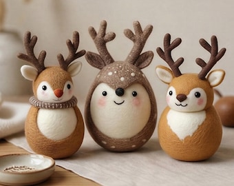 Needle Felted Mini Animal Collectibles, Wool Reindeer Mouse and Hedgehog Figurines, Seasonal Felt Decor, Tiny Gift Idea