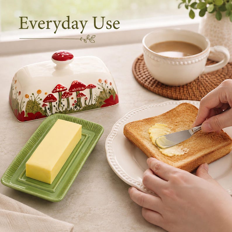 May include: A ceramic butter dish with a cream-colored lid featuring a red mushroom and green foliage pattern, paired with a rectangular green base. The lid has a red mushroom-shaped knob. The text Everyday Use is printed above the dish.