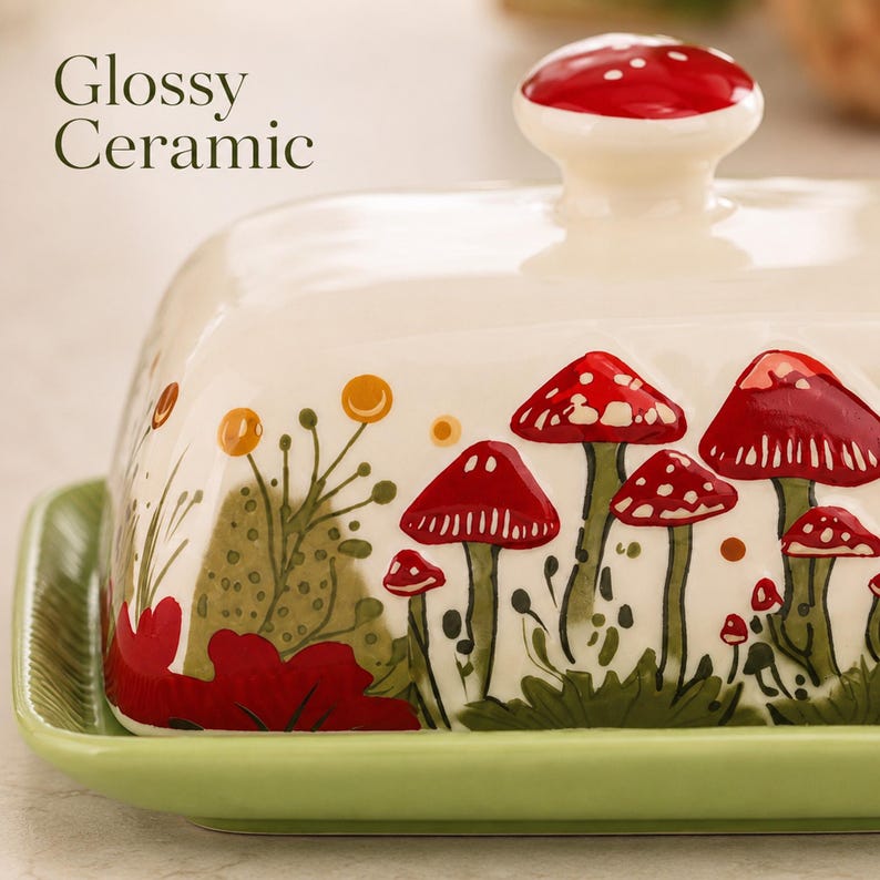 May include: A glossy ceramic butter dish with a cream-colored lid featuring a red mushroom and green foliage pattern, topped with a red mushroom-shaped knob. The base is a solid light green rectangular tray. The text Glossy Ceramic is visible.