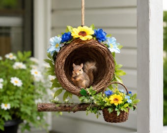Hanging Bird Nest Wall Decor Rustic Garden Birdhouse Ornament Spring Wreath with Birds Butterflies Flowers Porch & Outdoor Nature Decor Gift