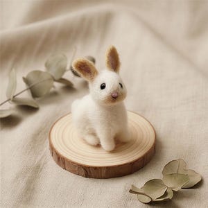 May include: A handmade white rabbit ornament with tan ears and a pink nose, displayed on a small wooden slice. The rabbit is made of a soft, textured material, and the wooden base shows the wood grain. The background is a neutral beige fabric.