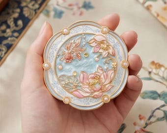 Lotus Compact Mirror, Chinese Folding Mirror, Portable Pocket Mirror, Museum Inspired Gift for Her, Bridesmaid Gift
