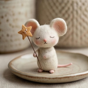 May include: A handcrafted white felt mouse figurine with closed eyes, holding a star-shaped wand. The mouse has pink ears, a pink nose, and pink feet. The star wand is tan with three small beads. The figurine is on a beige plate.