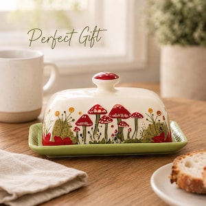 May include: A cream-colored ceramic butter dish with a lid featuring a red mushroom and green foliage pattern. The lid has a mushroom-shaped knob. The base is a rectangular light green tray. The text "Perfect Gift" is printed above the dish.