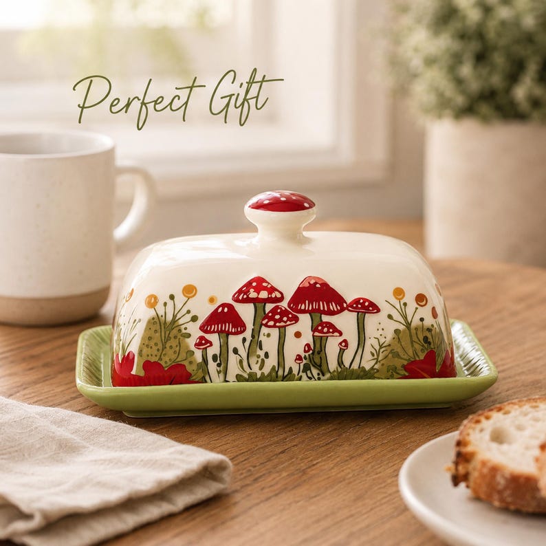 May include: A cream-colored ceramic butter dish with a lid featuring a red mushroom and green foliage pattern. The lid has a mushroom-shaped knob. The base is a rectangular light green tray. The text "Perfect Gift" is printed above the dish.