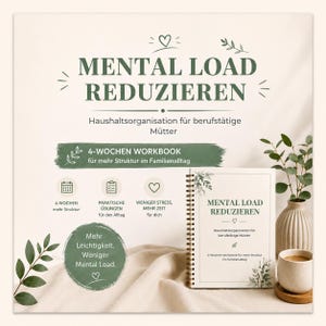 Peut inclure: Un cahier à spirales intitulé MENTAL LOAD REDUZIEREN avec du texte en allemand, orné d'illustrations botaniques vertes, d'un cœur et d'un badge circulaire portant le texte Mehr Leichtigkeit. Weniger Mental Load. La couverture inclut le sous-titre Haushaltsorganisation für berufstätige Mütter et 4-WOCHEN WORKBOOK für mehr Struktur im Familienalltag.
