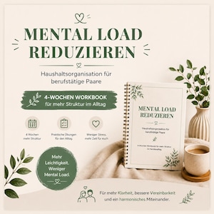 May include: A spiral-bound workbook titled MENTAL LOAD REDUZIEREN with green text and leaf illustrations. The cover features the subtitle Haushaltsorganisation für berufstätige Paare. The design includes icons for a calendar, checklist, and heart, plus a circular green badge with text.