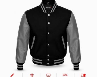 Black Wool Varsity Jacket Grey Leather Sleeves | Custom Letterman Bomber Jacket | Bellvex Baseball Jacket Unisex