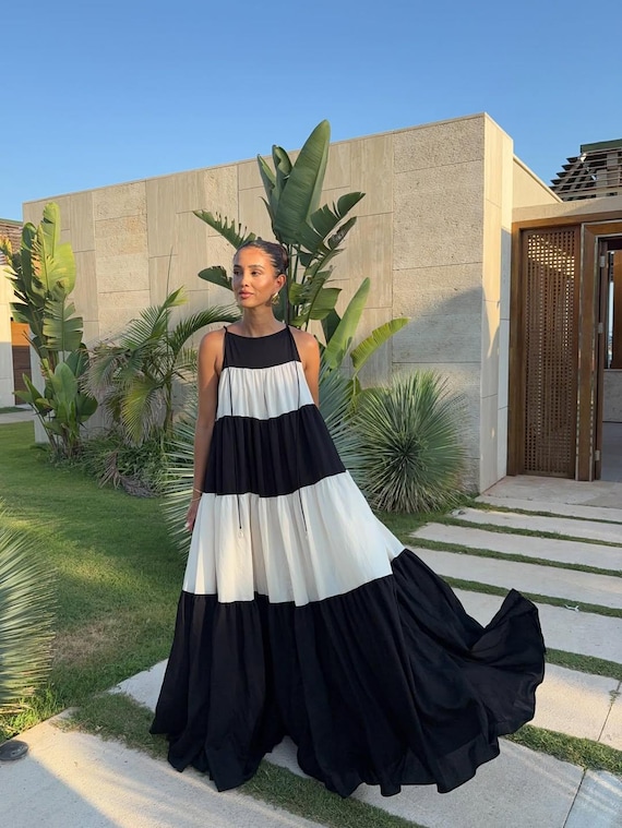 cotton polyester blend dresses Cotton-Linen Tiered Maxi Dress, Flowy Resort Wear, Halter Neck Gown Adriana Mini Dress With B2B Christmas Nihaojewelry slanted V Color:Black Foil