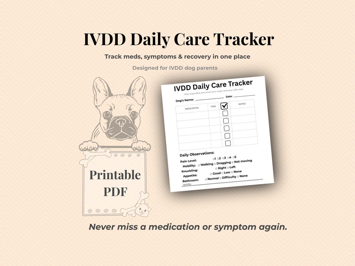 IVDD Dog Care Tracker Printable | Daily Medication Log & Symptom ...