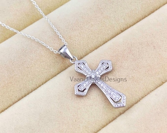 Sterling 925 Silver Vintage Holy Cross Necklace, CZ-Diamond Pendant, Elegant Faith Jewelry for Women